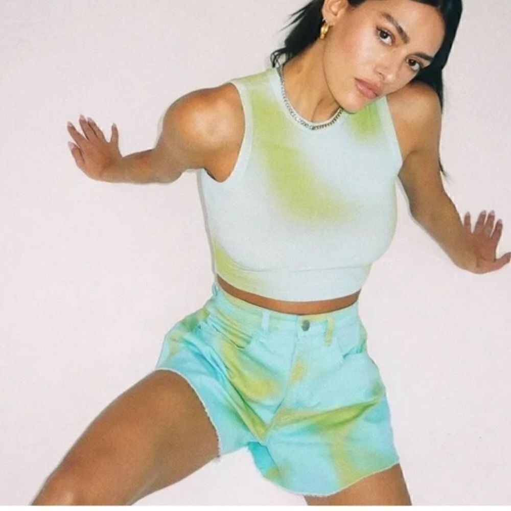 Weworewhat Shorts Flare Bell Denim Blue/Green Tie Dye. NWT. Size 26